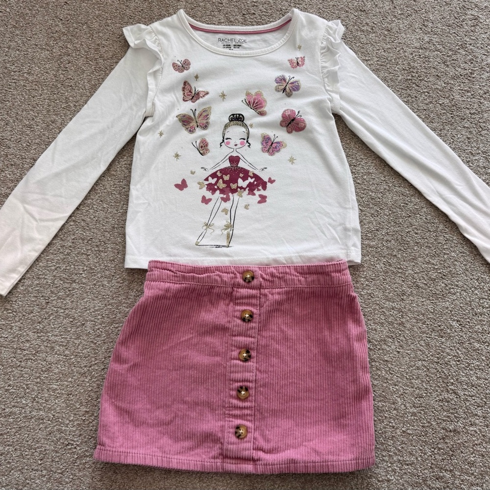 Rachel Zoe White and Pink Butterfly Ballerina Long Sleeve Skort Set Girls S 5/6